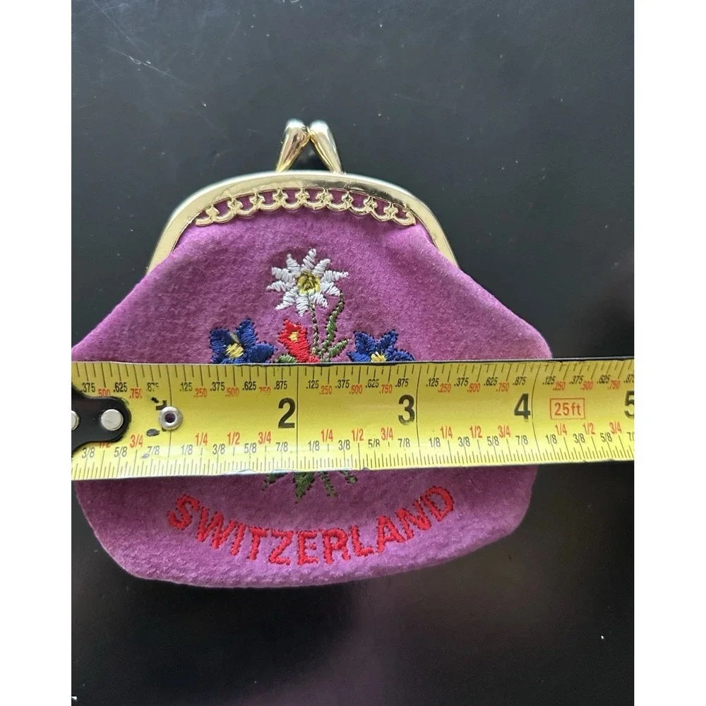 Coin Purse Purple Leather Kiss Close Small Switzerland Floral Print Embroidered